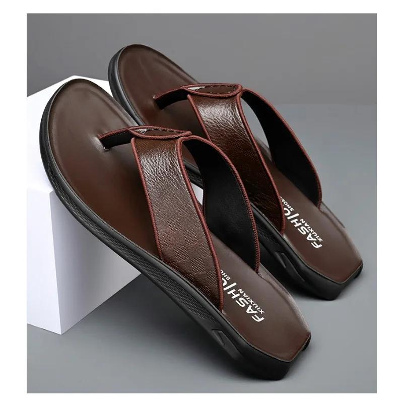 Fashion Summer Casual Fashion Slippers for Men Non-slip Outdoor Beach Shoes Male Designer New Luxury Cow Leather Men's Flip-flops