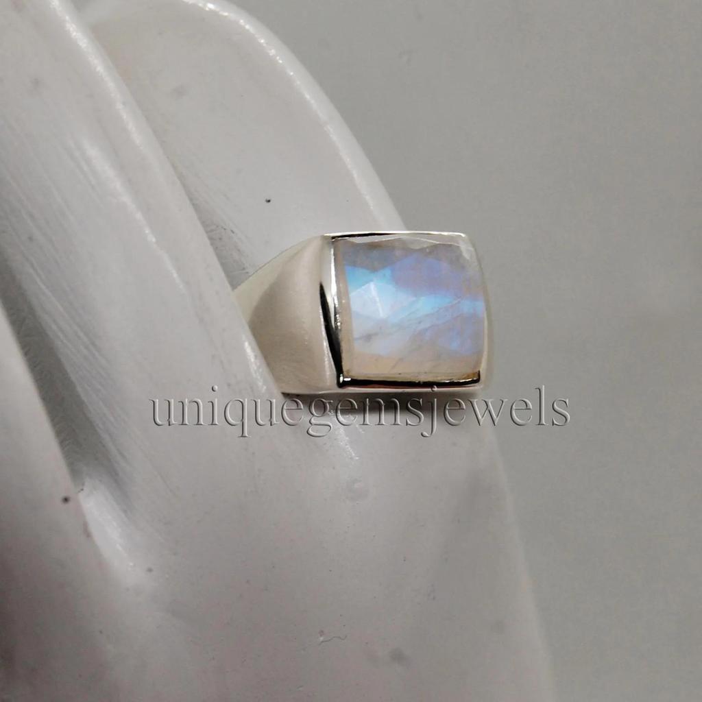 Square Rose Cut Blue Fire Rainbow Moonstone 95 Sterling Silver Ring Jewelry, Unisex Handmade Artisan Gift Ring