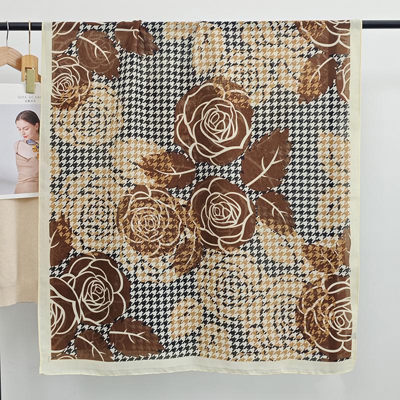 Fashion Creative Thousand Bird Grid Flower Print Scarf Autumn and Winter Women's Office Travel Photography Cotton and Linen Shawl Tide