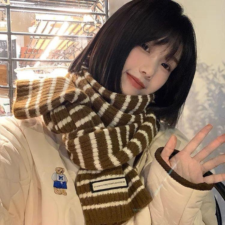 Striped Knitted Wool Scarf Korean Style Women's Winter Pure Student Couple Warm Thickened Versatile Men's Neck Warmer
