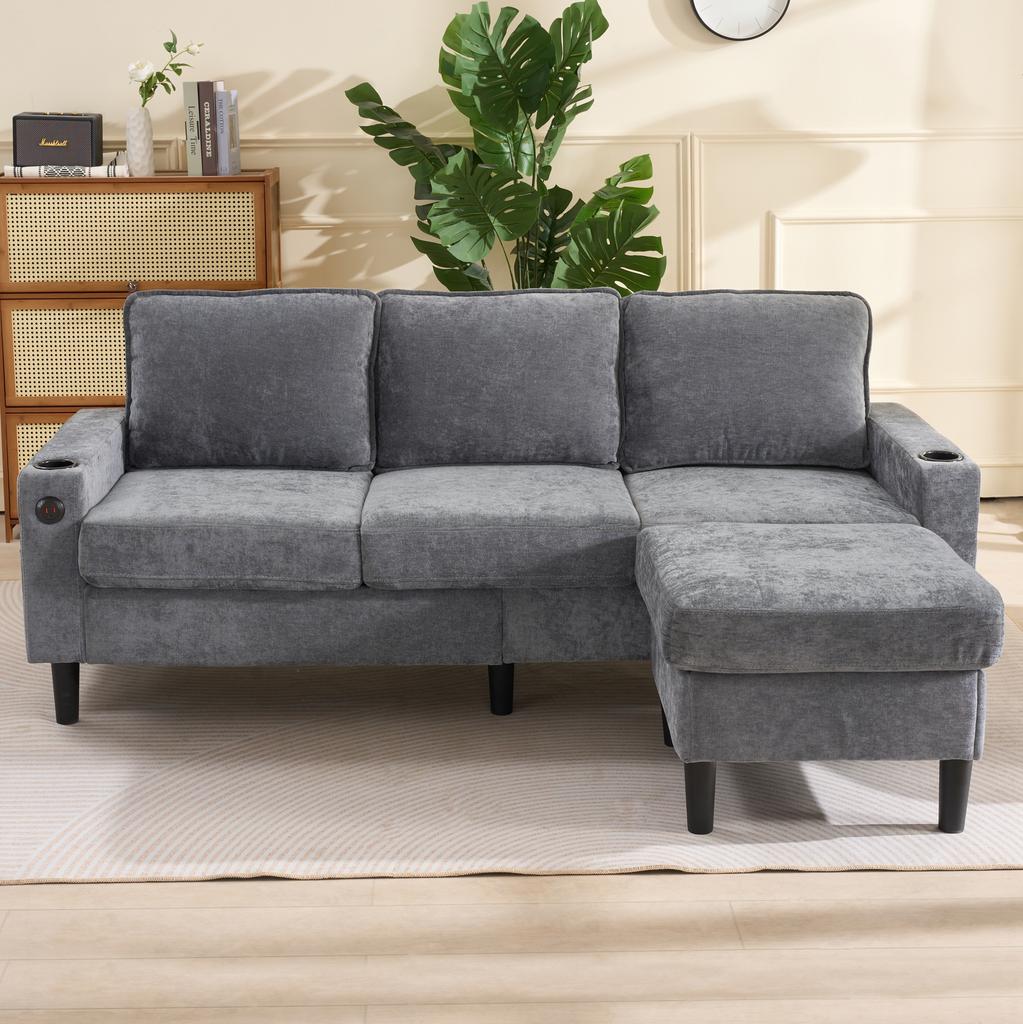 Upholstered sofa with USB and Type-C ports, 3-seater with two cup holders for living room, lounge and bedroom – L-shaped sofa bed, Grey, Linen