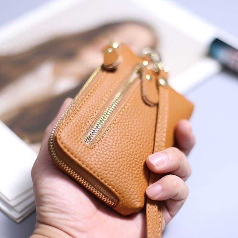 Dame PU Læder Dobbelt Lynlås Møntpung Håndledsrem Pung Stor Kapacitet Kortindehaver Nøglepung Lille Clutch Taske med Nøgleringsrem