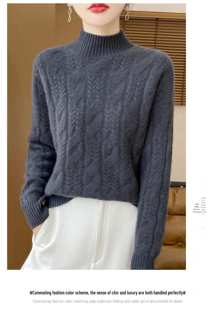 2024 Autumn/Winter Women's Wool Sweater: Thick Cable Knit, Half-High Neck, Versatile Base Layer