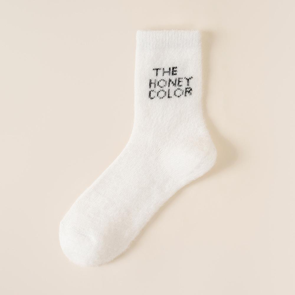 Women's Mid-calf Socks for Autumn and Winter, Thickened Mink Fleece Letter, Fluffy Sleeping Floor Socks, Winter Warm Long Calf Socks