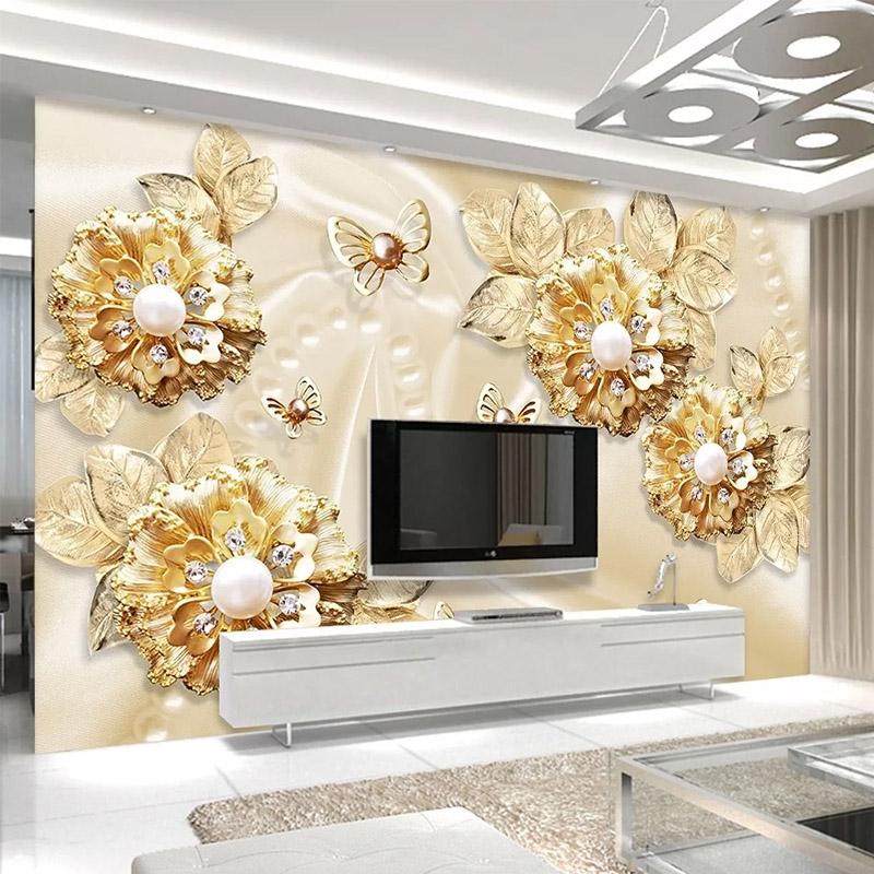 Carta da parati 3d Stereo Lusso Oro Fiore Gioielli Murales Soggiorno Parete Sfondo TV Decorazione Casa