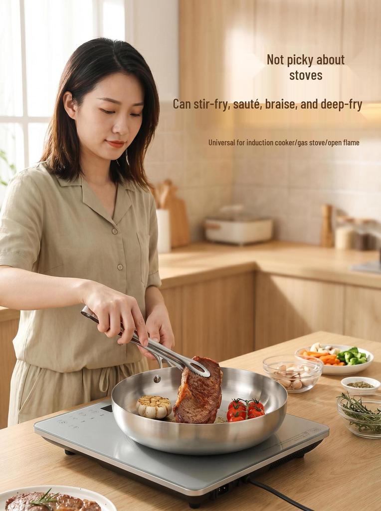 Stainless Steel Non-Stick Frying Pan, 304 Grade, Thickened Flat Bottom, Triple-Layer, Ideal for Home and Steak Cooking.