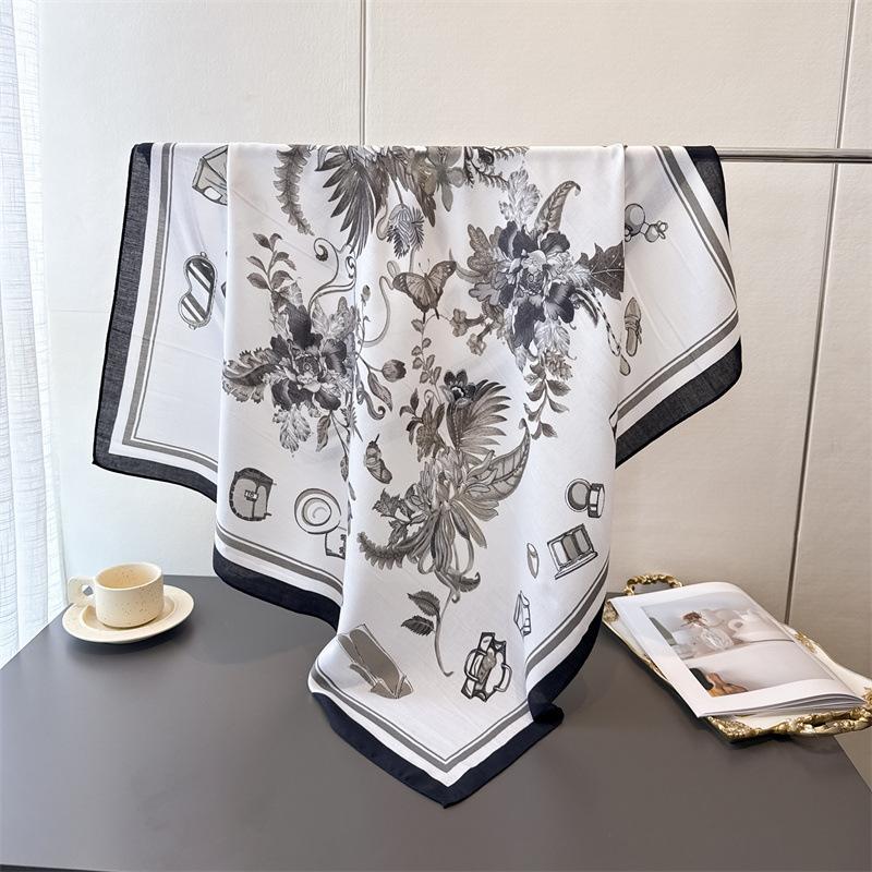Flower Painting Imitation Silk Large Square Scarf Retro Printing Shawl Neck Silk Scarf Herringbone Women'S Scarf Headscarf