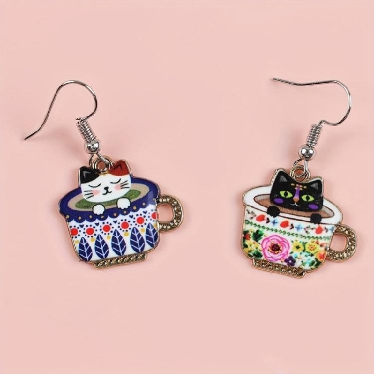 Cup Cats Earrings Animal Shaped Dangle Ear Drops Stylish Ear Rings Jewelry Elegant Ear Accessories for Parties Wear