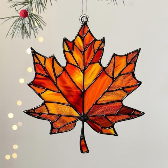 Autumn Maple Leaf Suncatcher Stained Glass Window Wall Hanging Decoration Acrylic Fall Leaf Ornament for Harvest Thanksgiving Party Supplies