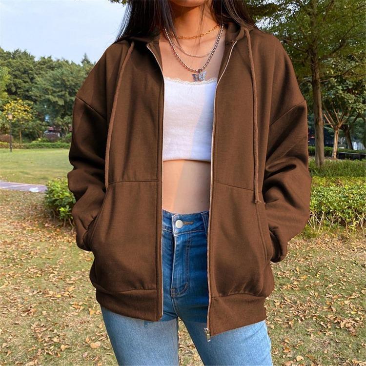 Loose Fit Women s Fleece Hooded Zipper Sweatshirt Long Sleeve Solid Color Jacket S коричневый