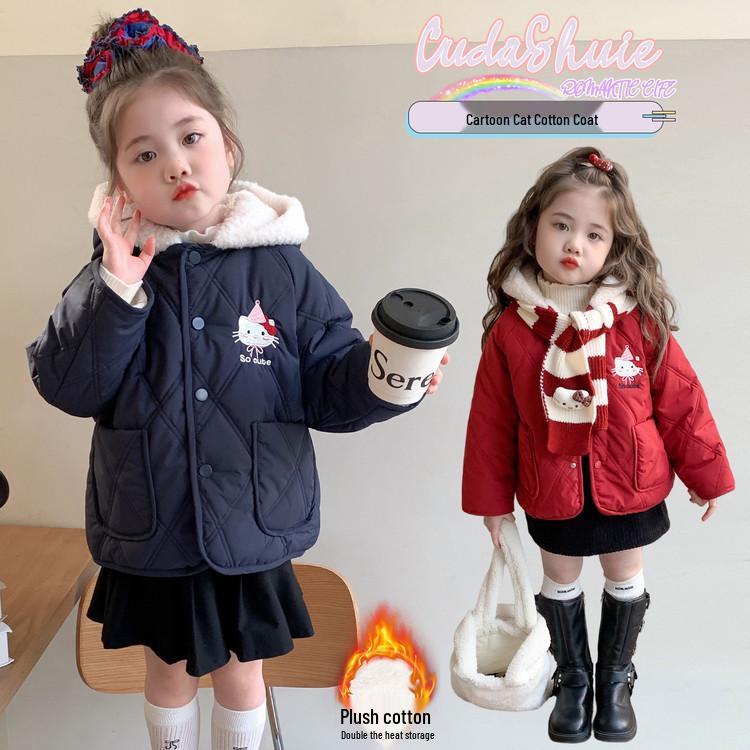 Girls' Red Hooded Cotton Coat with Fleece Lining - Sweet Cartoon Winter Wear for 2025