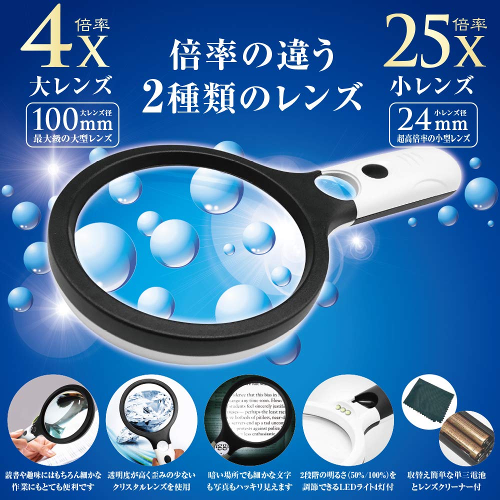 Kyoei Plastic Magnifying Glass with LED 4x 25x Light, Magnification, Magnification, LCLR-2500