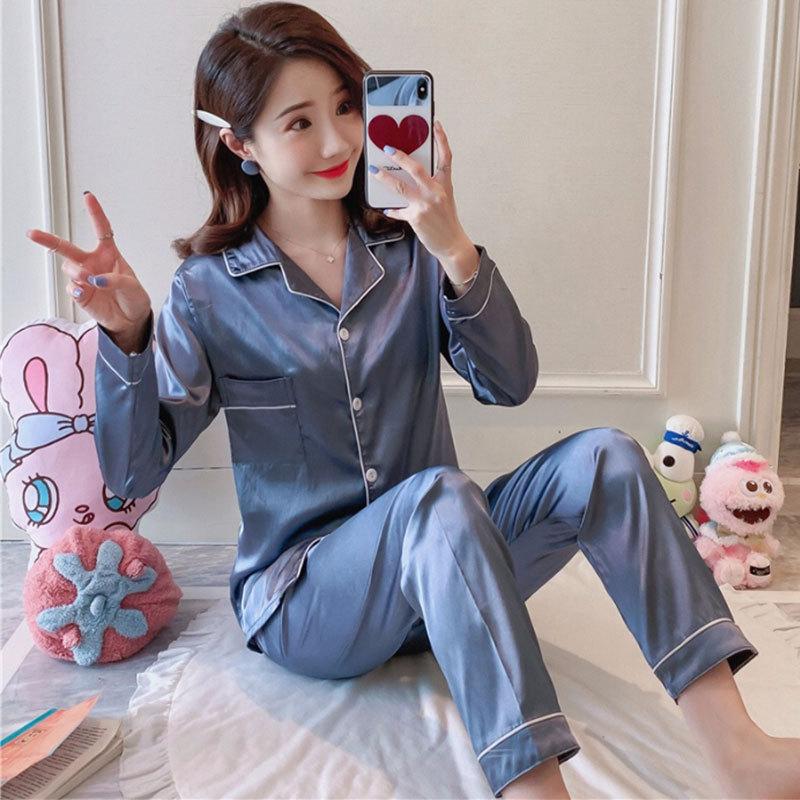 Solid color ice silk pajamas women's long-sleeved cardigan simulation silk spring summer loungewear women's autumn suit breathable