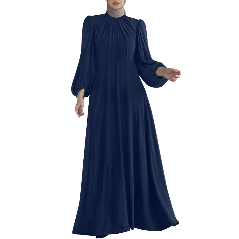 

ZANZEA Женское повседневное платье макси с воротником-стойкой и длинными рукавами тёмно-синий