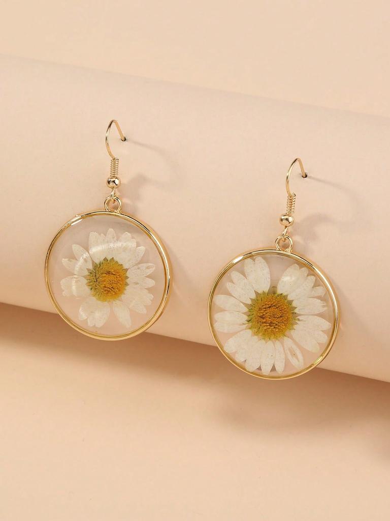 1Pair White Daisy Floral Pattern Drop Earrings, Bohemian Style Dried Flower Round Circle Dangle Sunflower Pressed Earrings