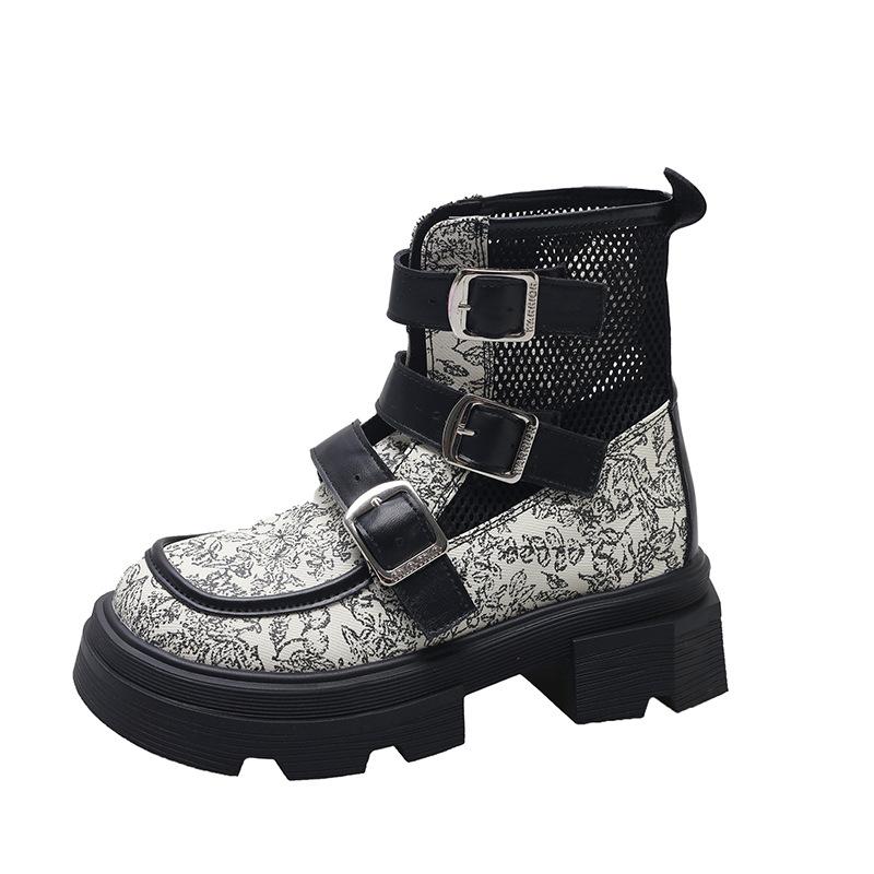Mesh Hollow Breathable Guochao Fashion Boots Women's 2025 Summer New Canvas Cool Boots Versatile Casual Thick Heel Mesh Boots