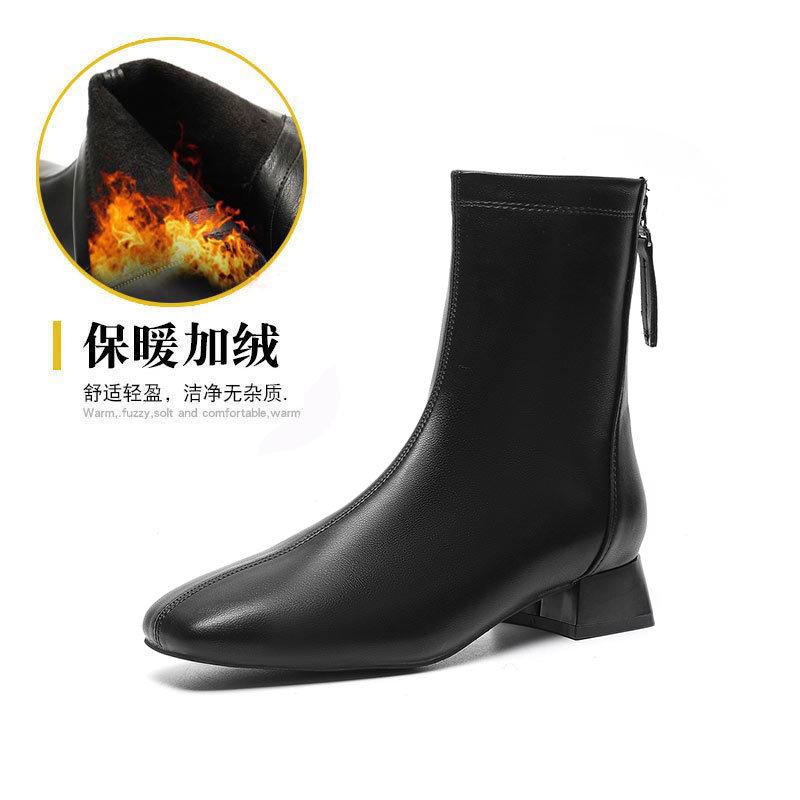 French small short boots women's spring and autumn single boots 2024 new low-heeled medium boots temperament square head thick heel thin boots
