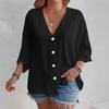 Women's Spring Summer Plus Size Solid V-Neck 7/8 Sleeve A-Line Loose Fit Shirt