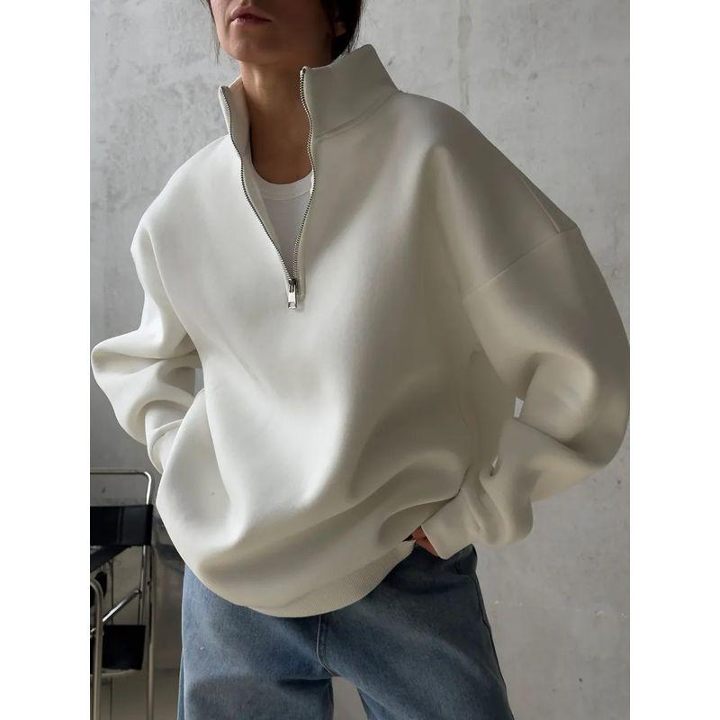 Western Style Fashion Casual Loose Stand Collar Half Zipper Pullover Hoodie Solid Loose Top Half Zip Top