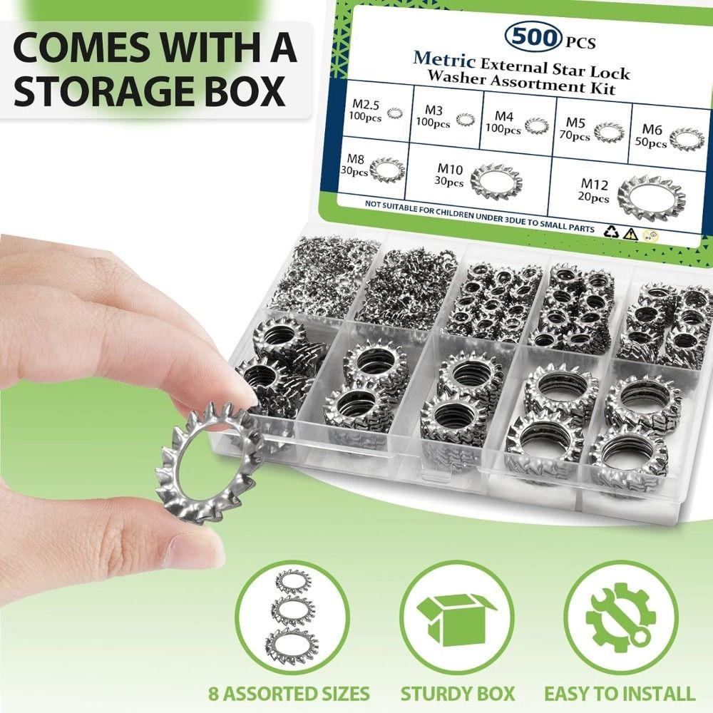 500PCS Star Serrated Metric Split Lock Washer Set Gasket Spacer Assortment Set Industrial