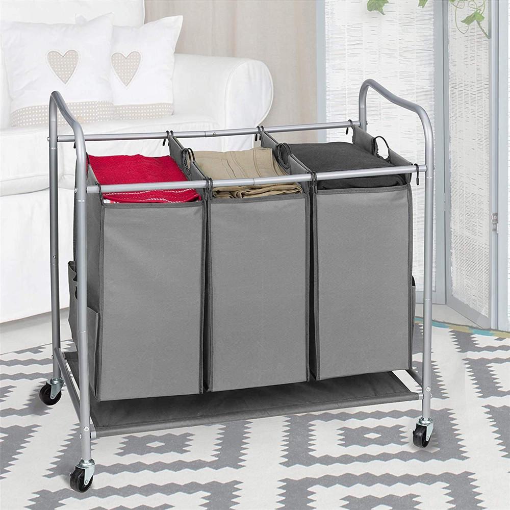 Large Oxford Cloth Laundry Basket with Three Compartments and Wheels for Easy Sorting and Mobility