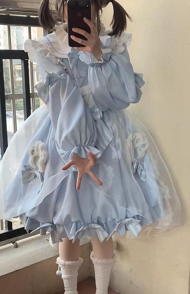 XHSUKADO Lolita Long with Flared Dreamy Cute Cat Claw Big Ruffle School Cultural Size M Women's Dress, Sleeves, Sleeves, Ribbon, Accessory, Collar,