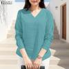 Women Casual V-Neck Solid Color Loose Long Sleeve Blouse