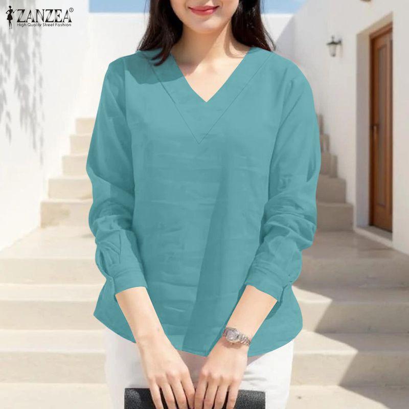 ZANZEA Women Casual V-Neck Solid Color Loose Long Sleeve Blouse
