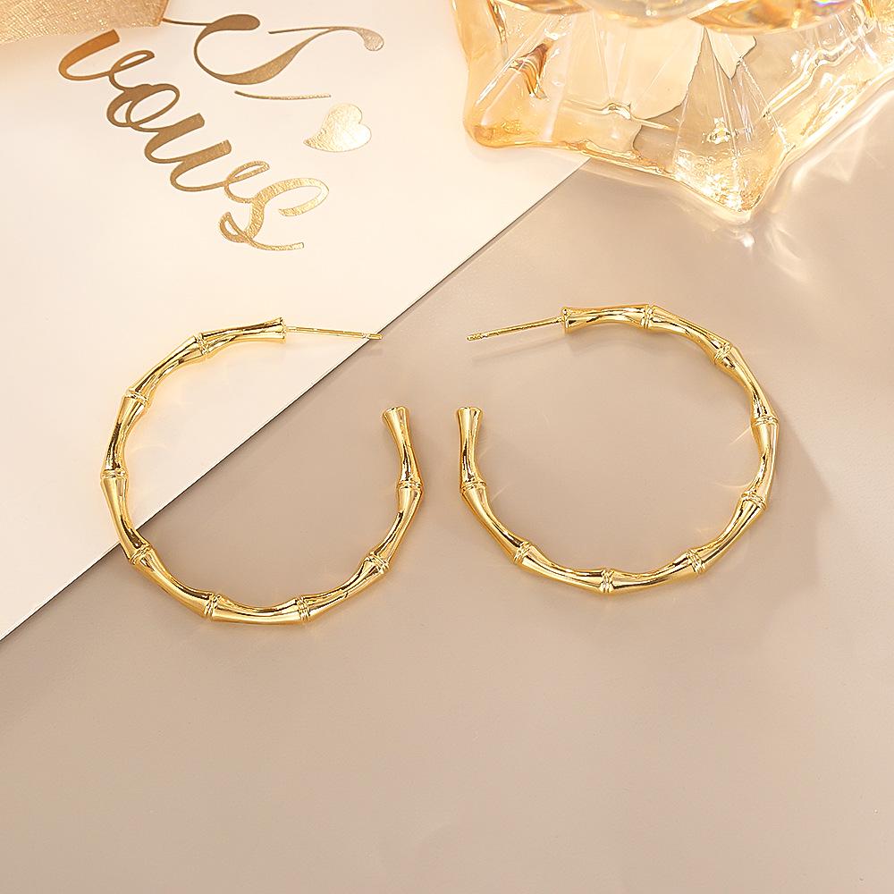 Elegant Minimalist Bamboo Hoop Earrings - S925 Silver Needle, New Metal Style, Perfect for Summer