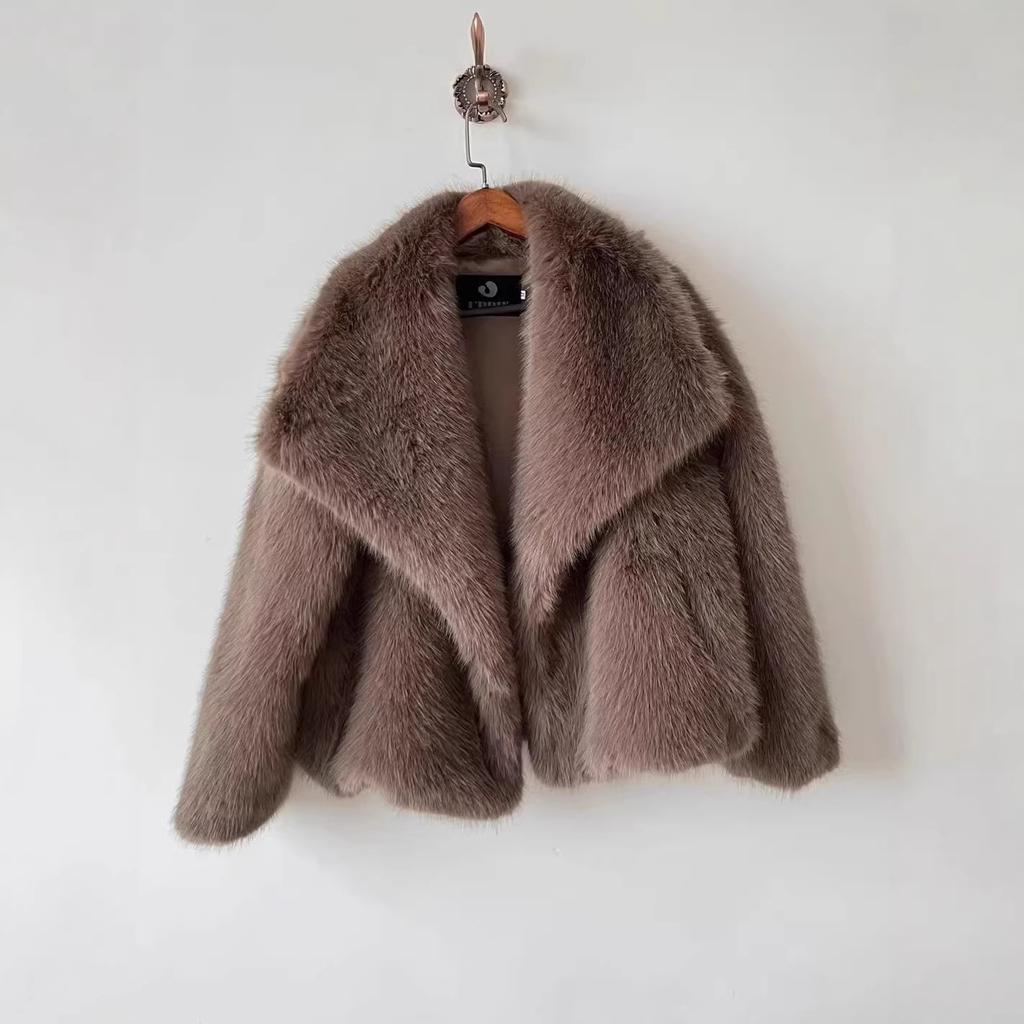 Damen Reverskragen Langarm Kunstpelzmantel Lockerer Schnitt Streetwear Pelzjacke