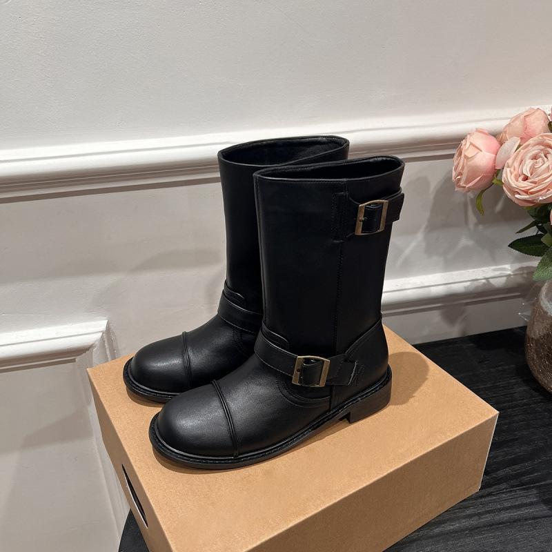 Cowhide Version~ Leather Thick-soled Belt Buckle Wide Tube Medium Tube Locomotive Boots Knight Boots Women's Martin Boots Long Boots