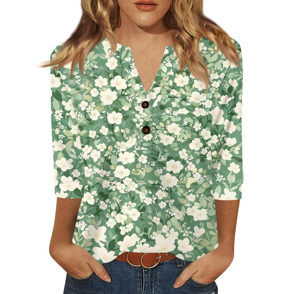 Γυναικείο T-Shirt με Πουέντα Κουμπί 3/4 Μανίκι Καθημερινό Σαββατοκύριακο Μόδα Βασικό V-Λαιμόκοψη Κανονικό Τοπ