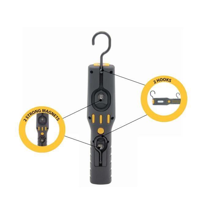 ALAMO: Lampe de travail + lampe de poche LED rechargeable avec crochets et aimant. Base réglable.