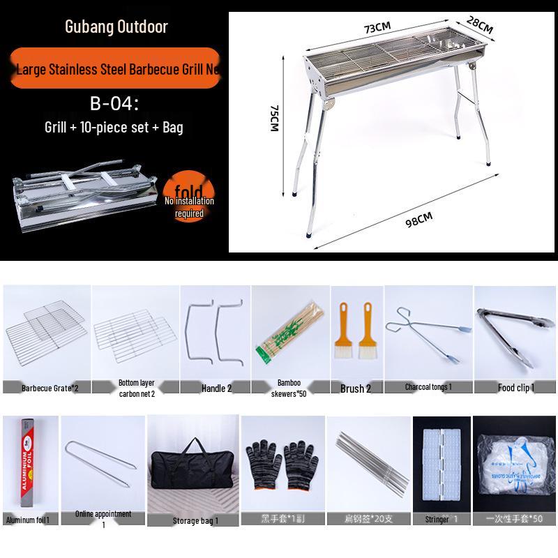 Large Portable Stainless Steel Charcoal BBQ Grill for Outdoor Picnics and Home Use