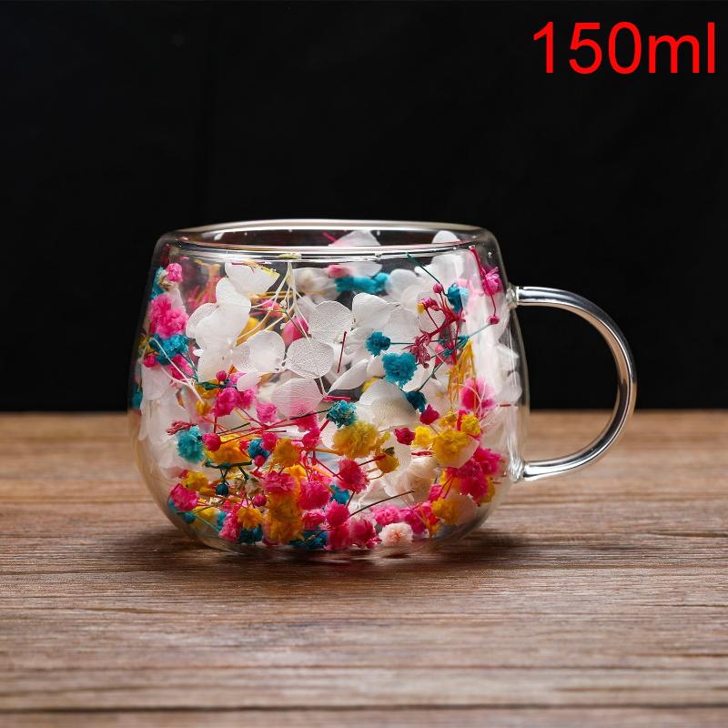 1Pcs Dried Flower Decorative Milk Tea Cup 150/300Ml Double-Layer Dried Flower Glass Cup High Temperature Resistant Coffee Cup