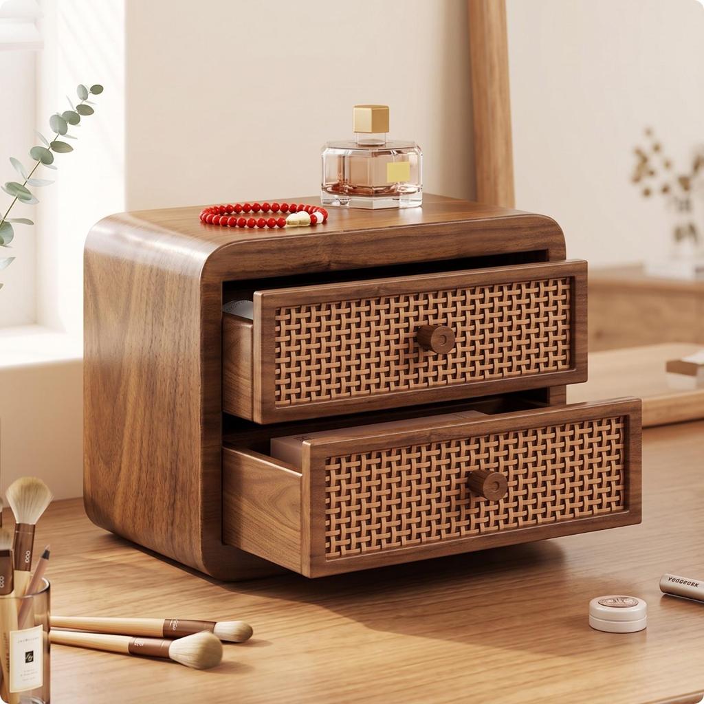 Sturdy Rattan Drawer Vanity Box | Minimalist, Walnut Finish Makeup Chest, for