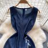 Retro Style Strap Waist Denim Dress Women's Summer Sleeveless A-word Temperament Vest Skirt Commuting High Waist and Thin