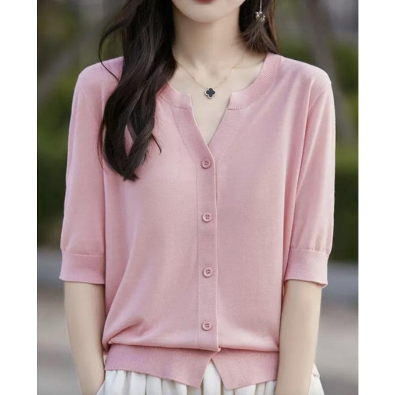 Women's Short Sleeved T-shirt Summer Loose Cardigan T-shirt V-neck Ice Silk Knitted Top