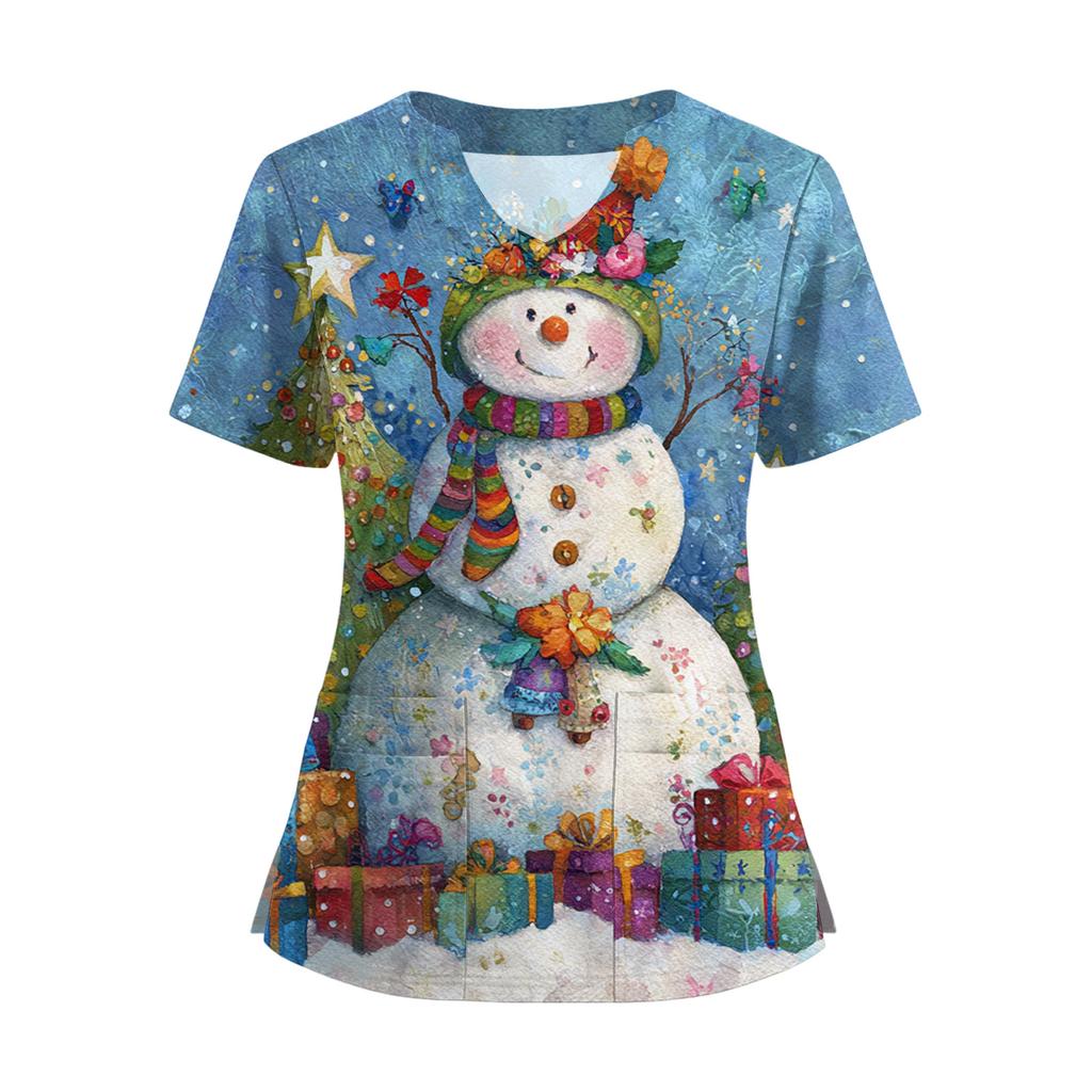 Women's Short Sleeved Christmas Printed V-neck Buttonable Side Slit Top T-shirt