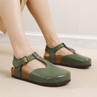 Runde Zehenpartie Riemchen hinten Flache Sandalen Ganzleder Weichsohle Rindsleder Retro Damenschuhe