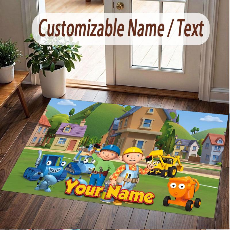 Custom Name Text Crystal Velvet Rug,Bob the Builder Soft Plush Decorative Non Slip Floor Carpet
