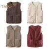 Women Fall Spring Vest Round Neck Thick Fleece Pockets Solid Color Sleeveless Zipper Closure Retro Warm Office Street Home Vacation Layering