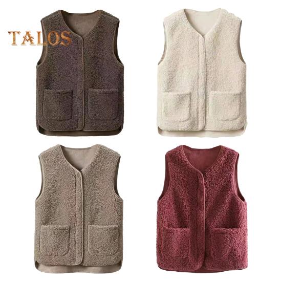 Women Fall Spring Vest Round Neck Thick Fleece Pockets Solid Color Sleeveless Zipper Closure Retro Warm Office Street Home Vacation Layering
