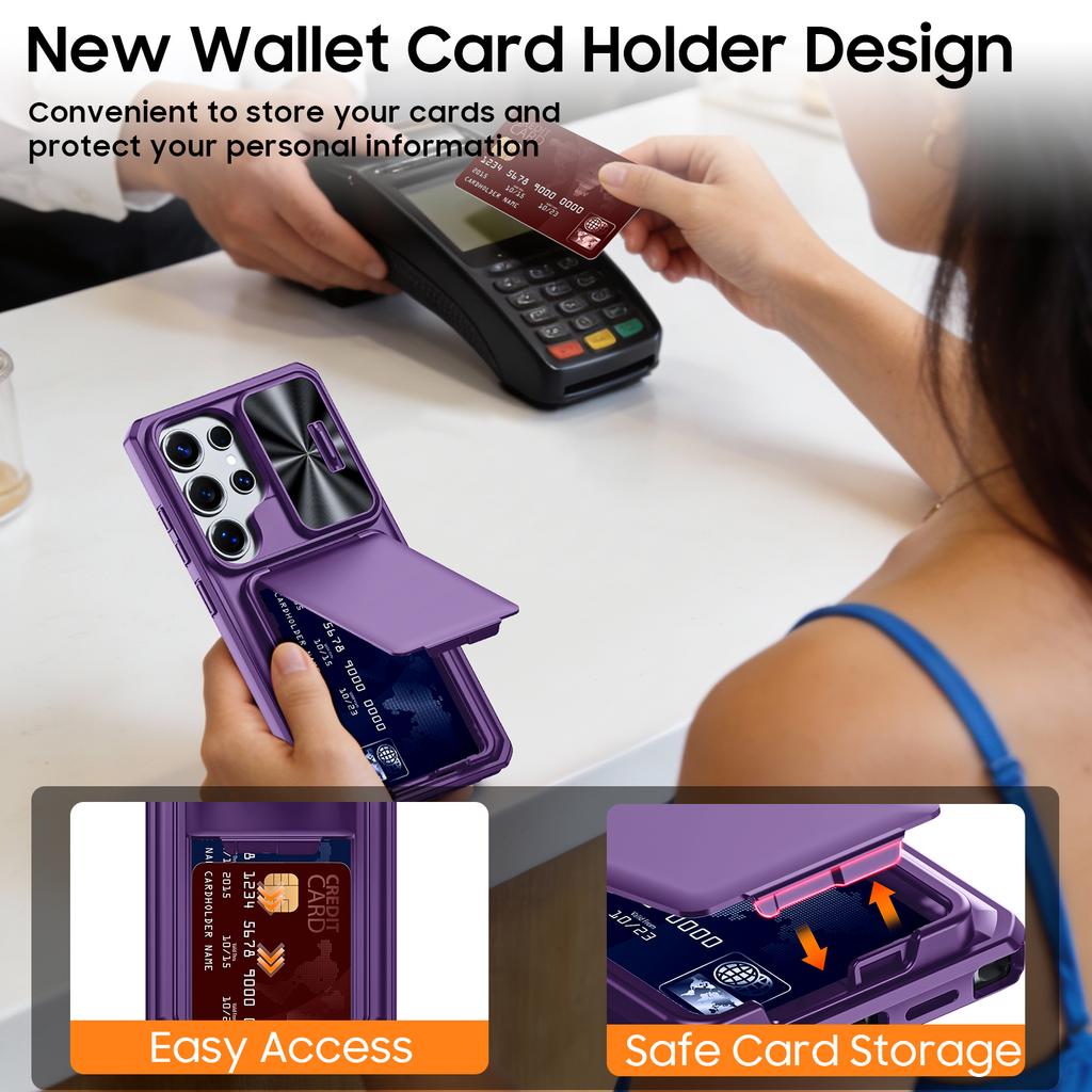 RFID Blocking Phone Case with Wallet Card Holder Raised Bezel and Sliding Lens Cover for Samsung Galaxy S25 Ultra-Purple