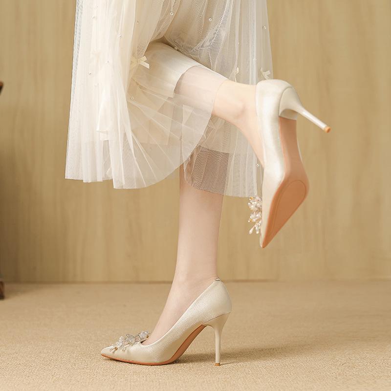 -B new niche stiletto wedding shoes women's bride shoes wedding banquet temperament pointed single shoes women