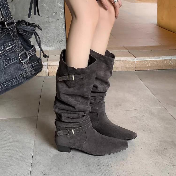 Ancient Old Suede Piled Boots Women'S Pointed Head Low Heel Belt Buckle Western Medium Boots Lazy Pleated Sleeve Trouser Tube Boots