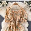 Women's Chic Sweet Slim Square Neck Bubble Sleeve Floral Dress Super Fairy Temperament A-line Dress