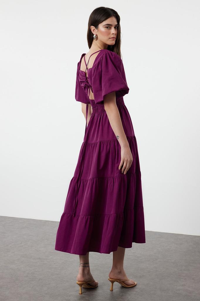 Women's Style Dress Pink Square Neck Maxi Woven Dress with Opening Waist and Back Detail