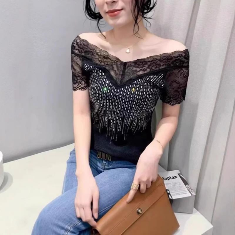 Summer short-sleeved patchwork knitted perm women's casual top for inner wear and outer wear
