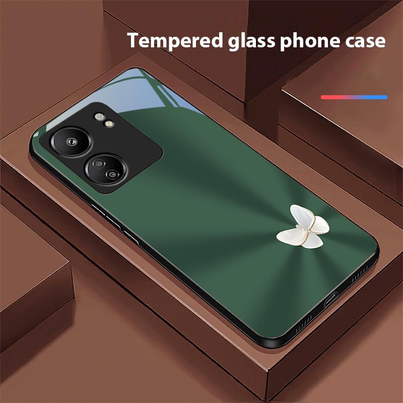 Gradient White Butterfly For Xiaomi Redmi 13C Note13 12 Pro Plus 5G Note 9 13T Pro POCO X6 F5 F6 Black Tempered Glass Phone Case
